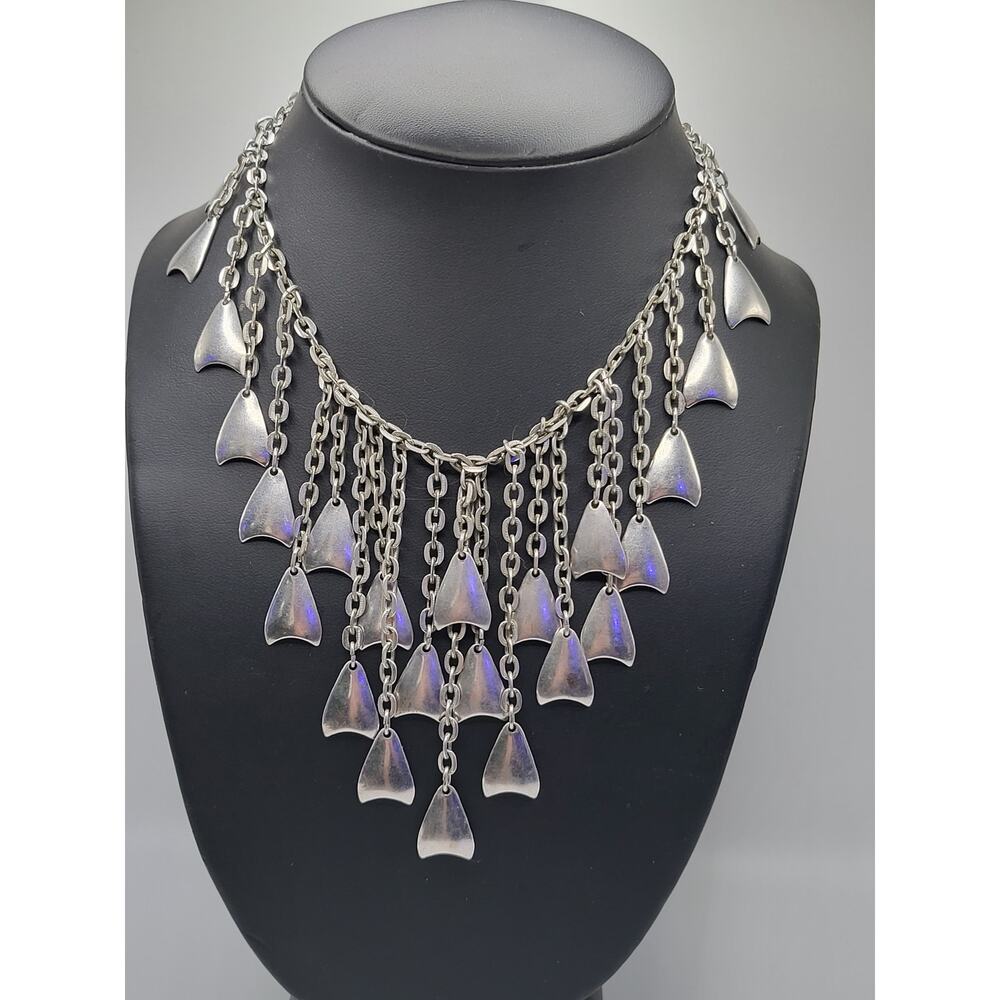 Vintage Silver Tone Fringe Bib Necklace Mod Triangle Drop Statement Collar